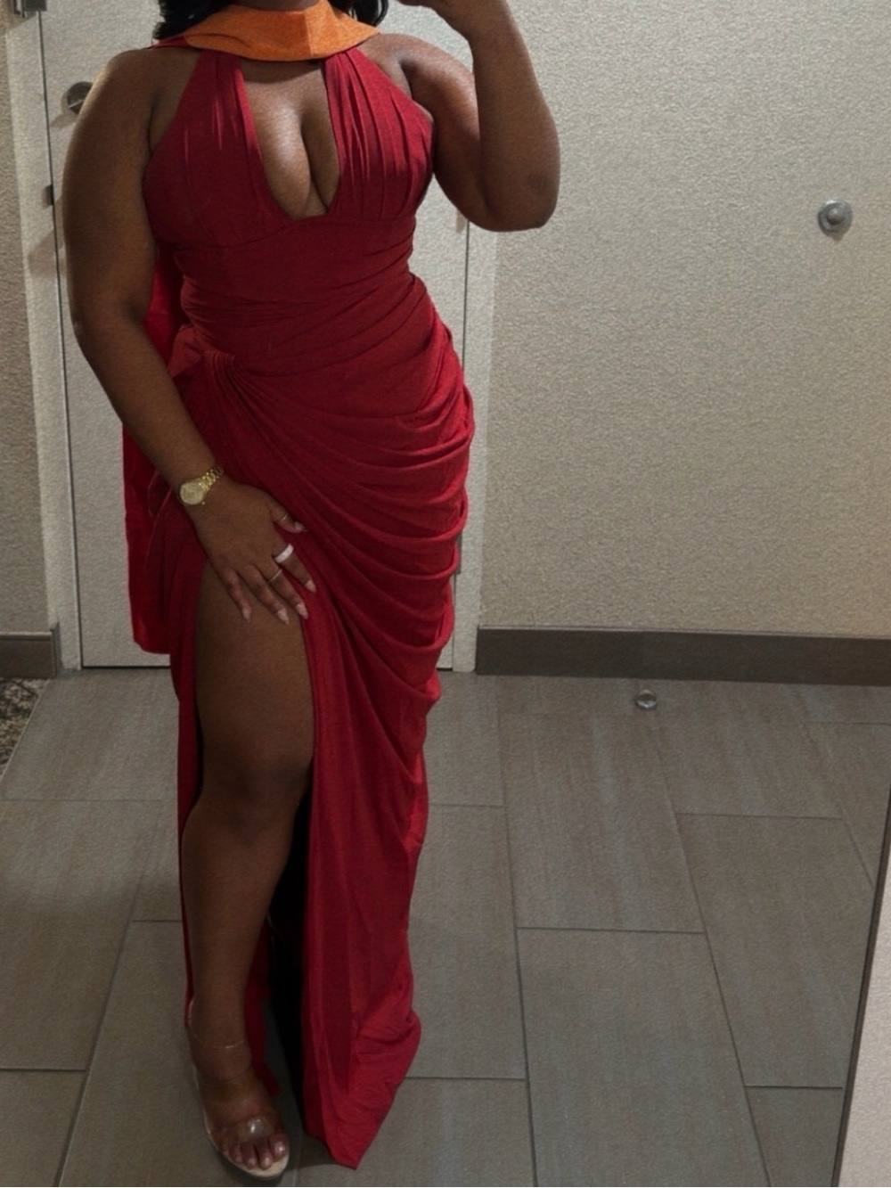 Ruched Red Halter Gown with Plunging Keyhole